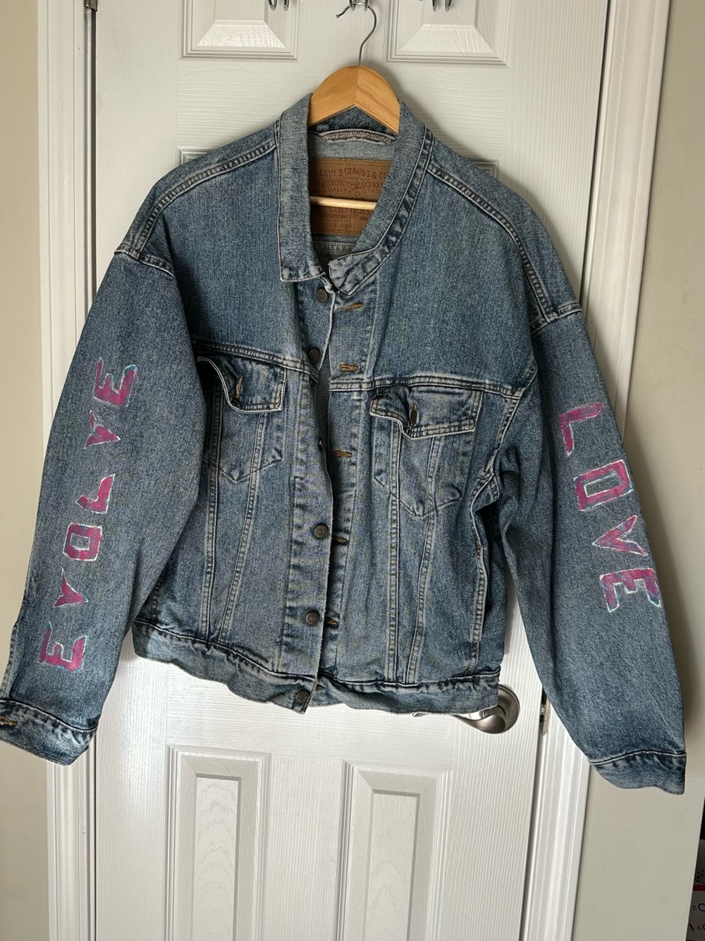 Women's Blue Denim Jacket with Pink 'LOVE' Sleeve Accents